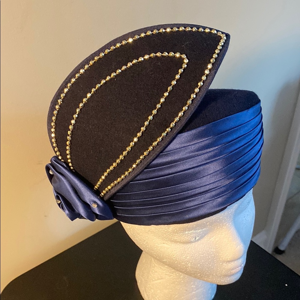 Elegant Navy Blue Women's Hat with Gold Accents
